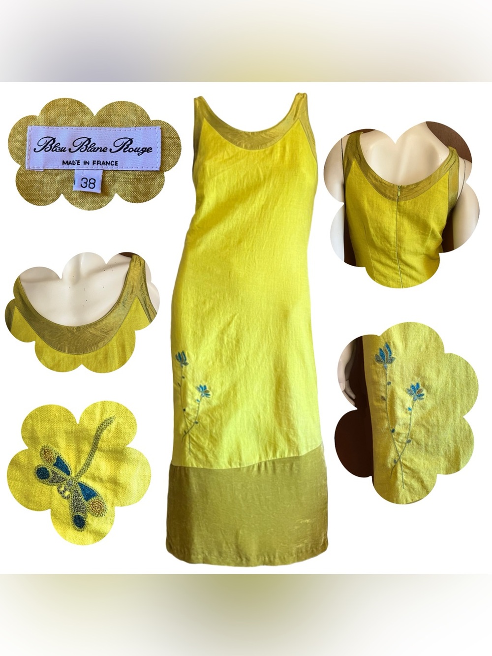 Made in France Vintage Bleu Blanc Rouge Chartreuse Linen Embroidered Maxi Dress